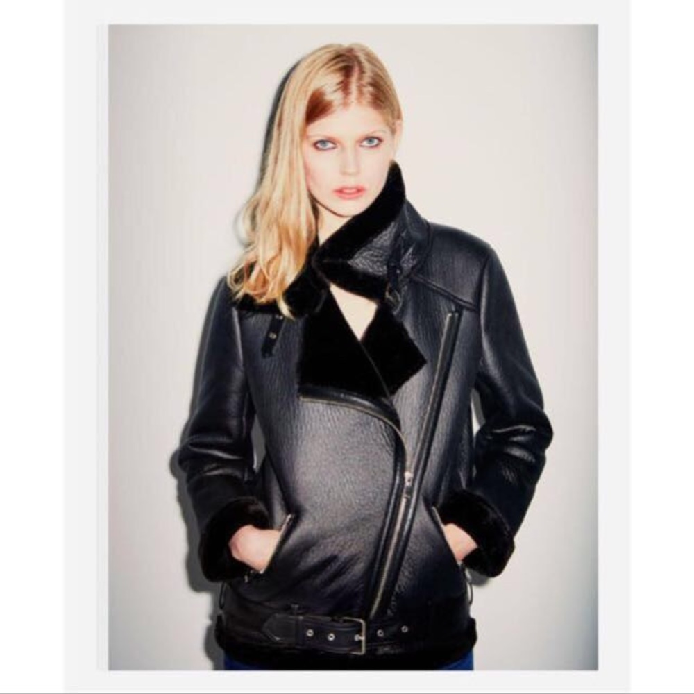 Zara Fur Aviator Moto Contrasting Biker Jacket